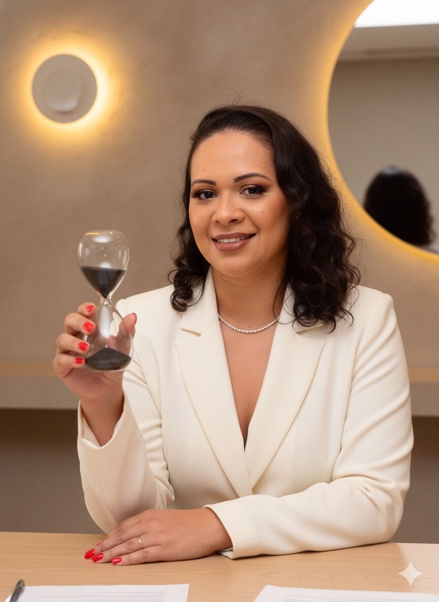 Fundadora da Elevix à mesa em ambiente profissional